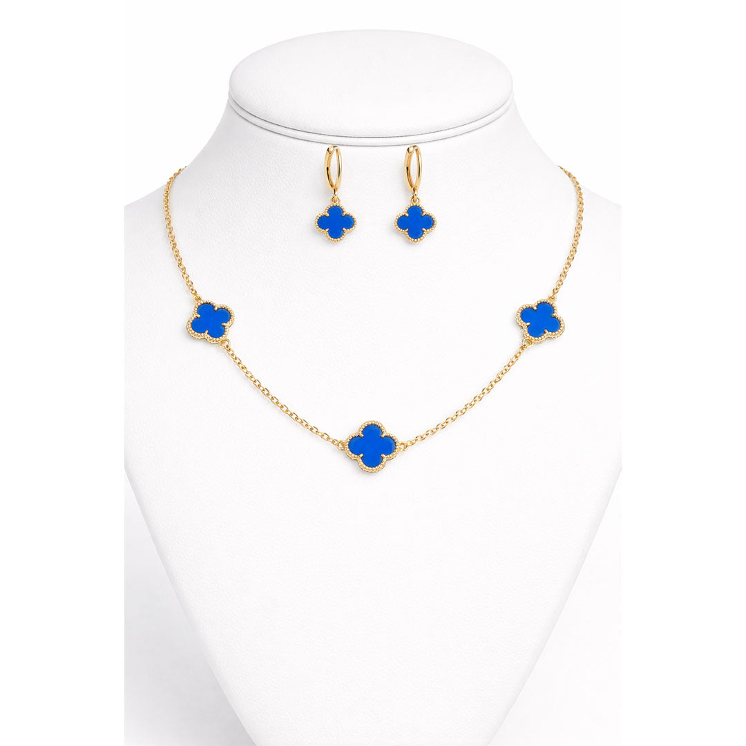 SET CADENA + AROS TREBOL GOLD AZUL 44CM