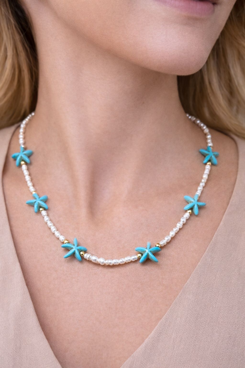 COLLAR ESTRELLA DE MAR TURQUESA + PERLAS